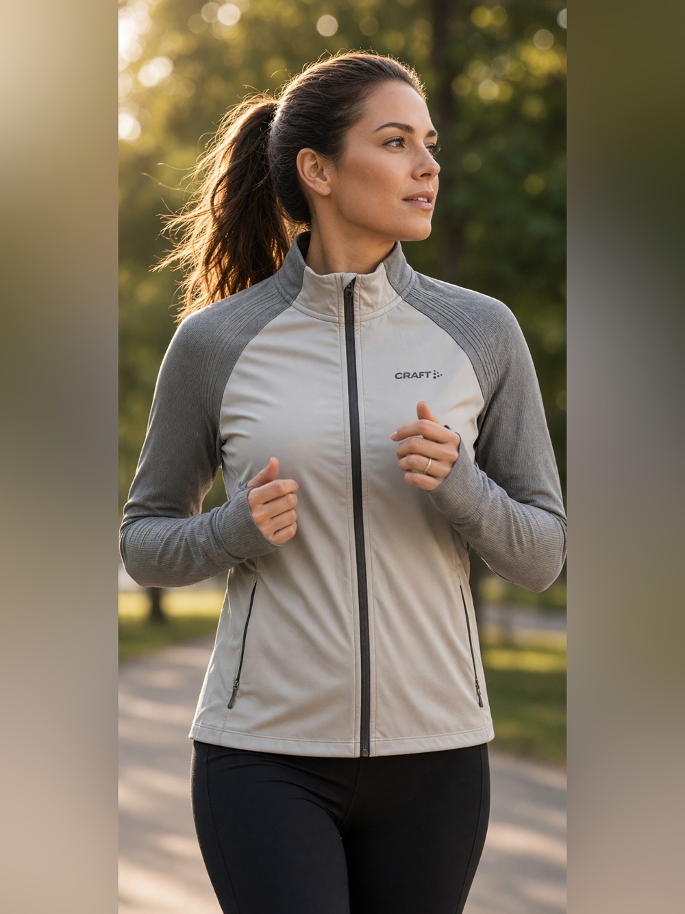 Craft Women's Full Zip Running Cycling Jacket Light Gray Size Small Thumbholes
